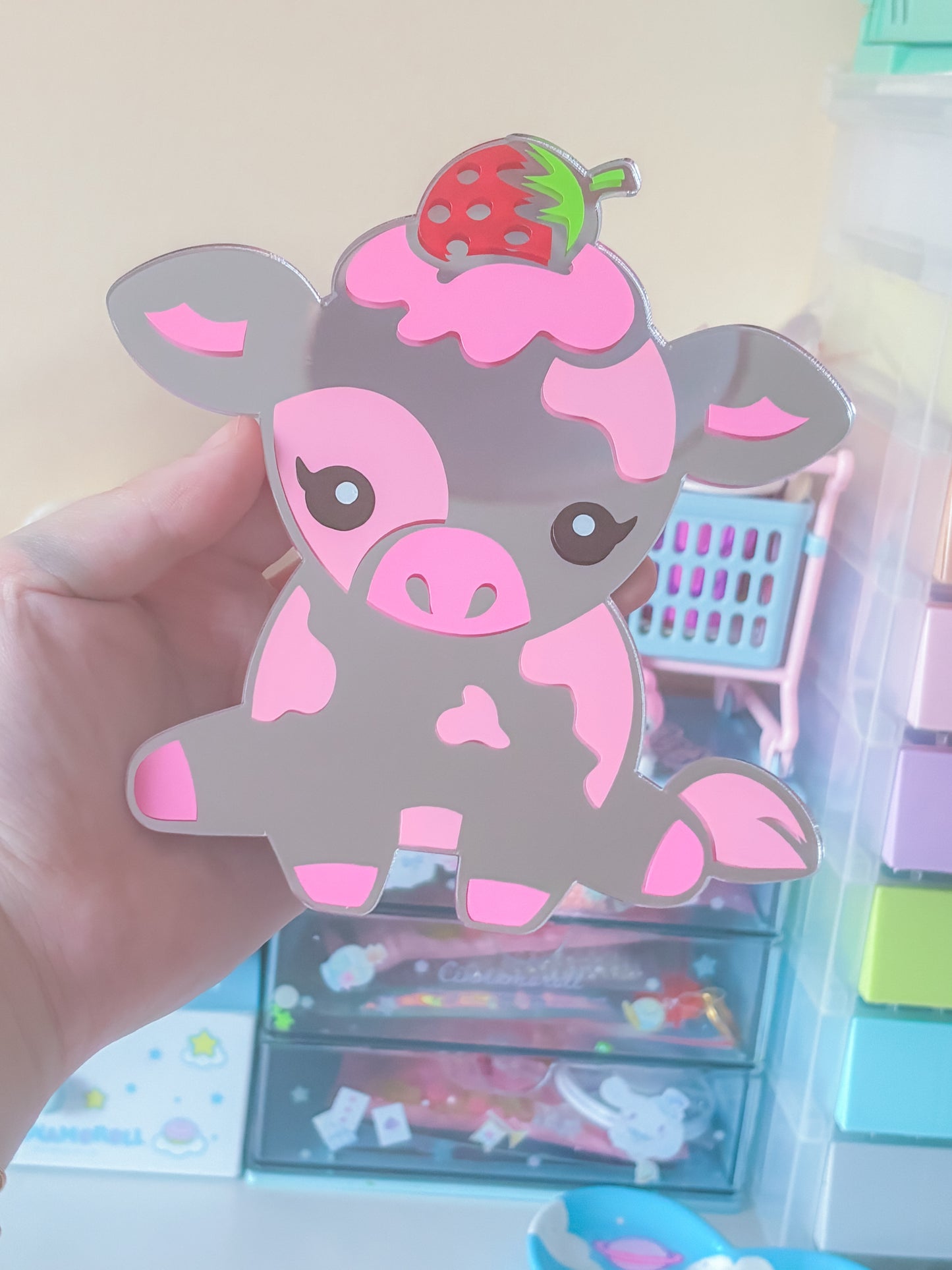 Strawberry cow shaped acrylic mirror
