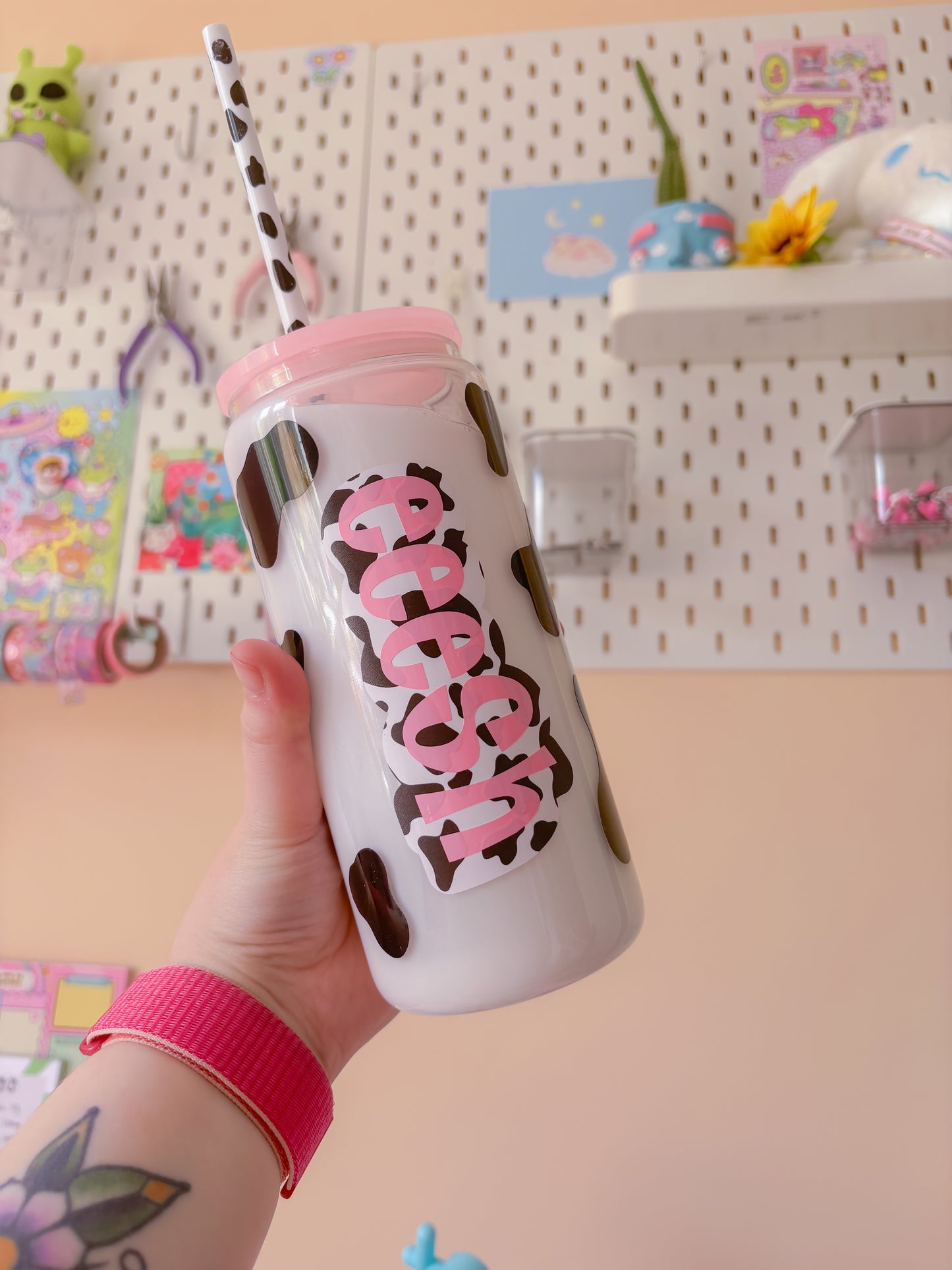 CUSTOM cow print milkglobe glass can