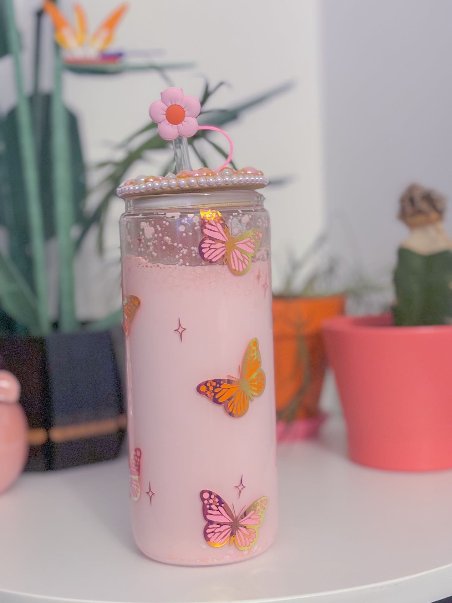CUSTOM double wall butterfly glass can tumbler