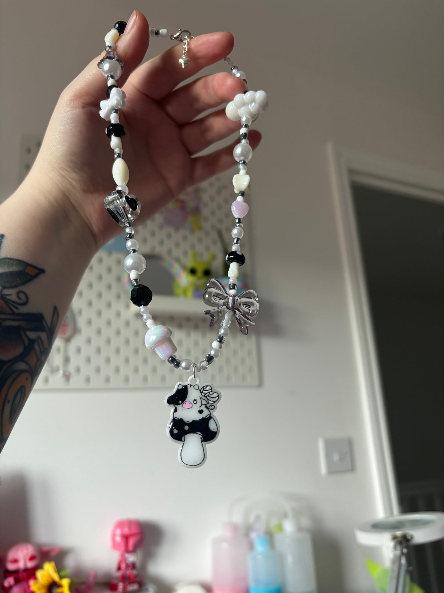 Monochrome mushie cow necklace
