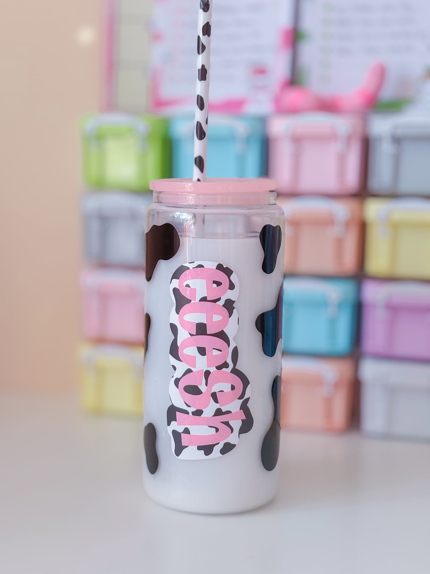 CUSTOM cow print milkglobe glass can