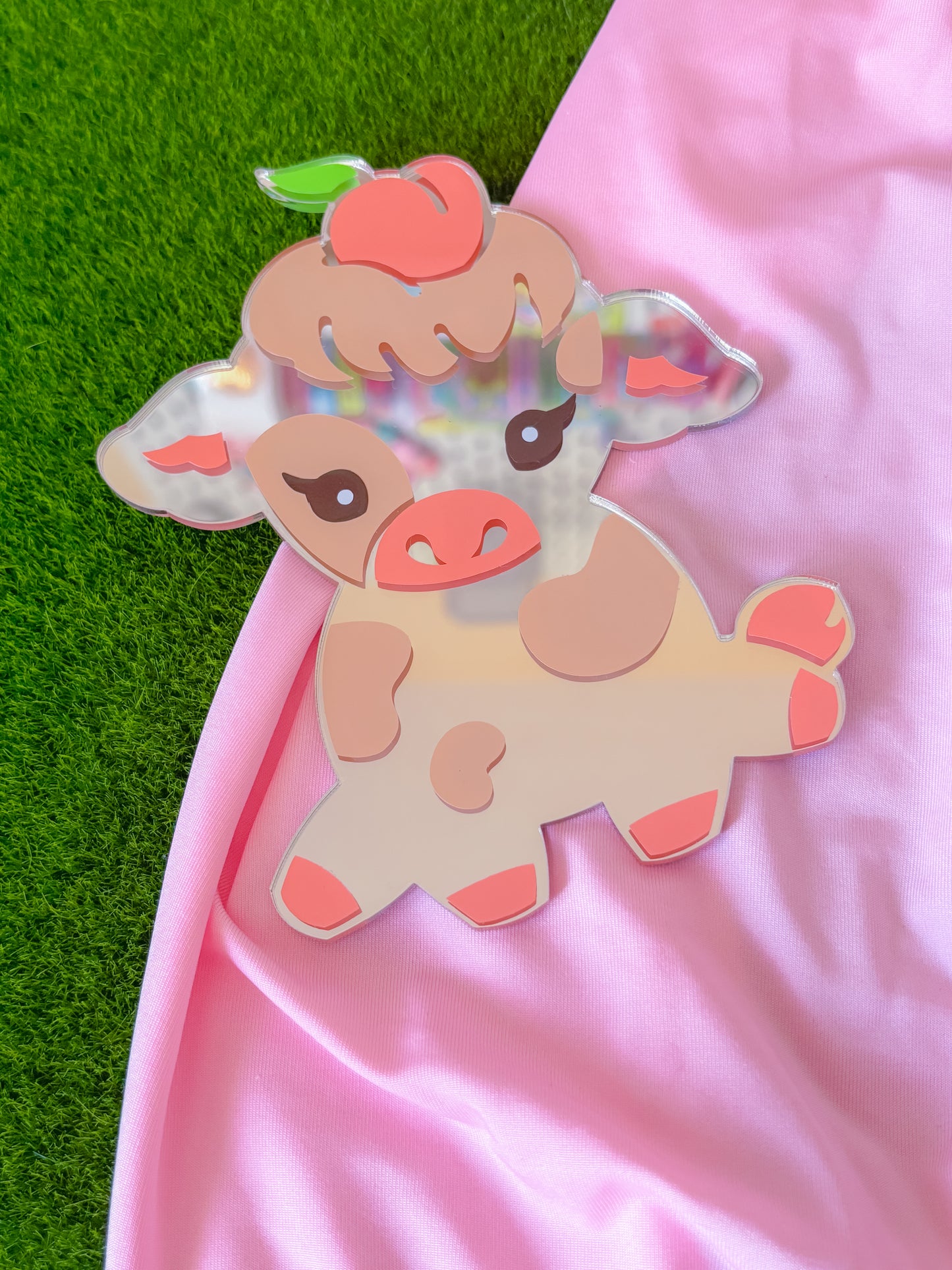 Peach cow shaped acrylic mirror