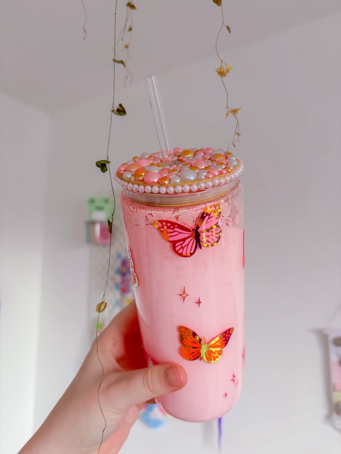 CUSTOM double wall butterfly glass can tumbler