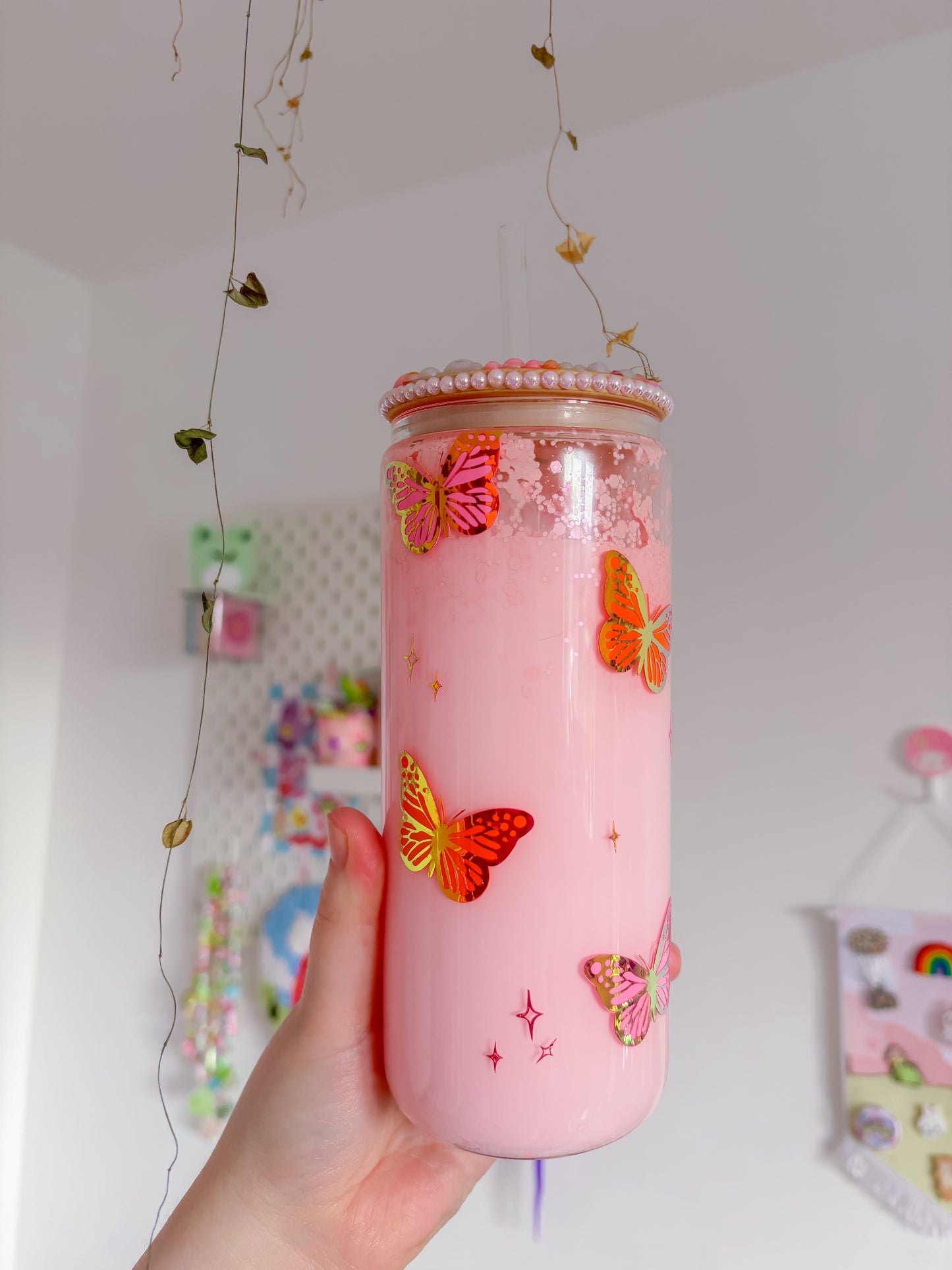 CUSTOM double wall butterfly glass can tumbler