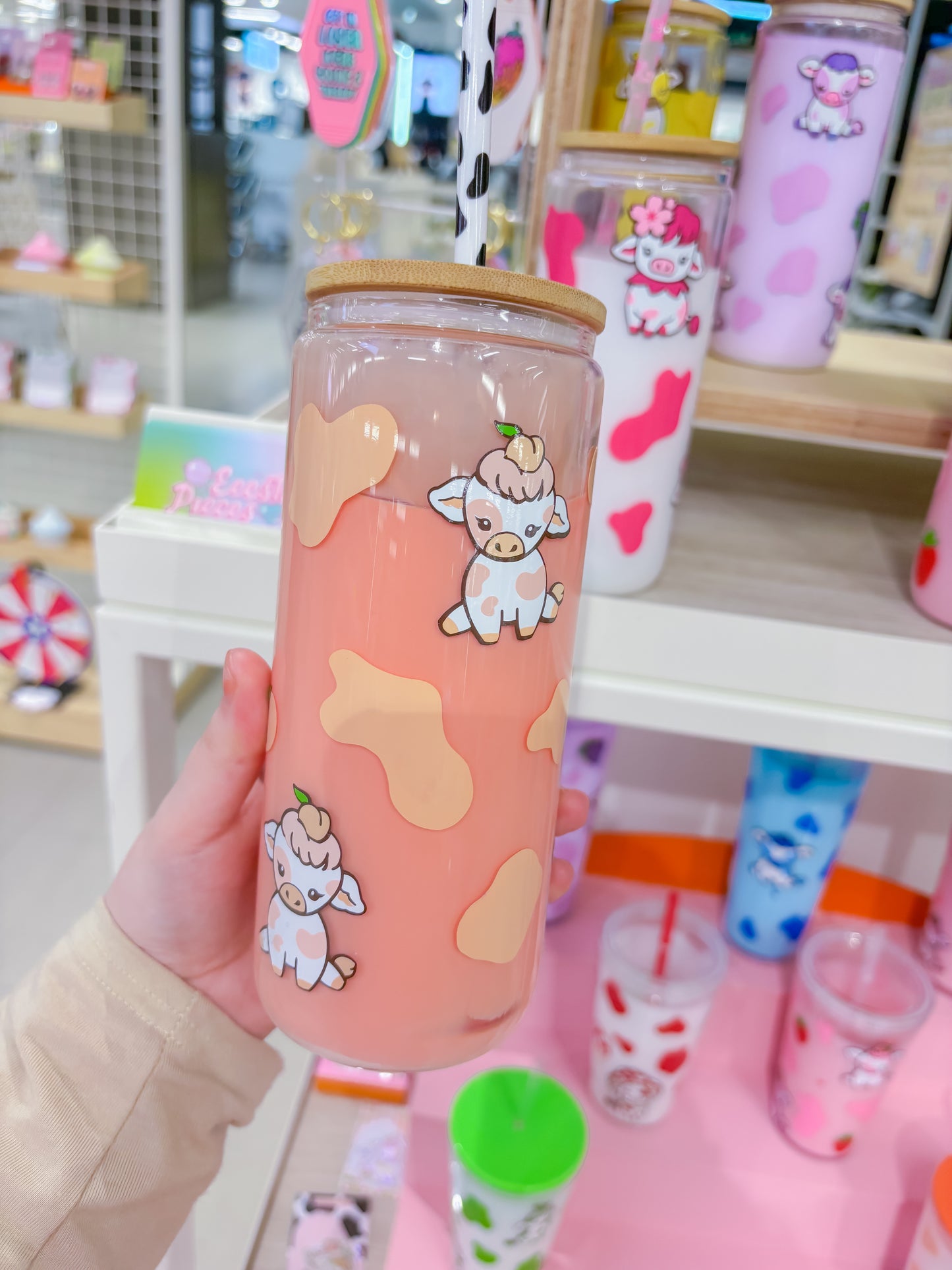 Peach cow snowglobe libbey glass