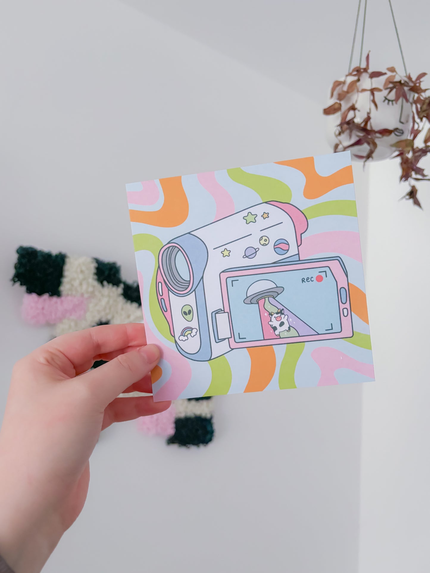 Space cow camcorder print - groovy background